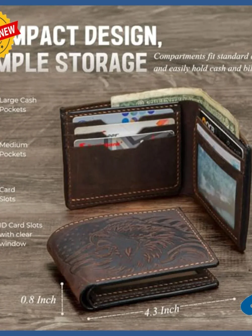 Genuine Leather Bi-Fold Wallet with Snake Embossing and ID Window